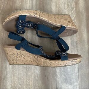 Blue and Tan Wedge Sandals with Cork Heel